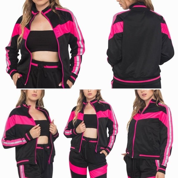 Victorious Colorblock Reflective Neon Stripe Band Jacket Activewear Zip Pockets - Picture 8 of 11